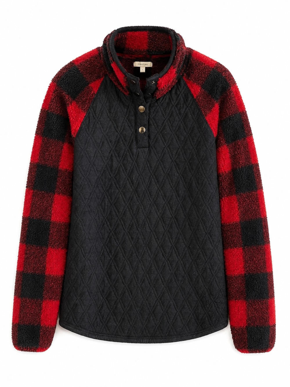 Maurices Black Quilted Pullover with Red & Black Buffalo Plaid Sleeves